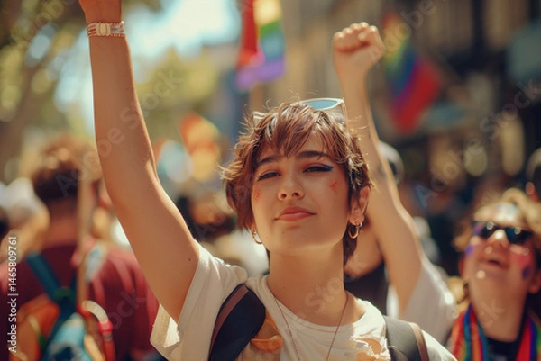 Fototapeta Protester Raising Fist at the Pride Parade to Show Queer Power, Expression, and LGBTQ Resistance in Colorful Celebration