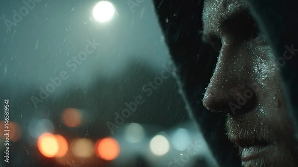 Fototapeta Rainy Night Reflections A CloseUp of a Face in the Rain with Bokeh Lights
