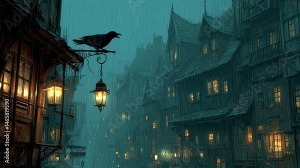 Fototapeta Rainy Night Scene with Illuminated Lanterns and Silhouetted Bird Perched on a Streetlight