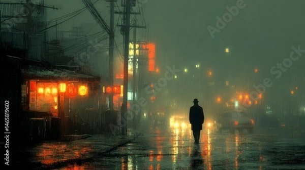 Fototapeta Rainy Night Scene with Silhouette of a Person Walking in an Urban Environment Atmospheric Ligh