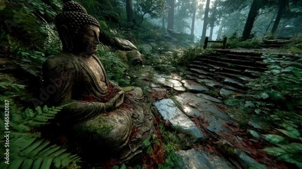 Fototapeta Serene Buddha Statue in a Lush Forest with Stone Pathway and Stairs Ideal for Meditation and N