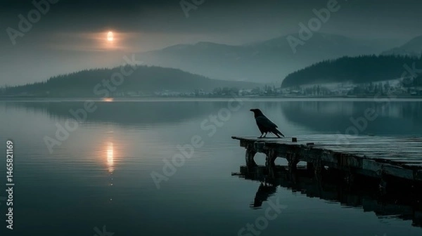 Fototapeta Solitary Bird on Dock at Sunset with Serene Lake and Mountain Reflections