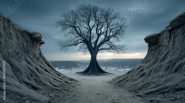 Fototapeta Solitary Tree Amidst Eroded Cliffs Under a Stormy Sky A Hauntingly Beautiful Landscape for Nat