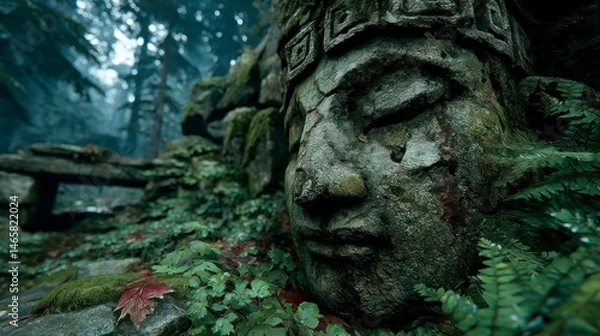Fototapeta Stone Face in Lush Forest Ancient Ruins Mystical Jungle Setting