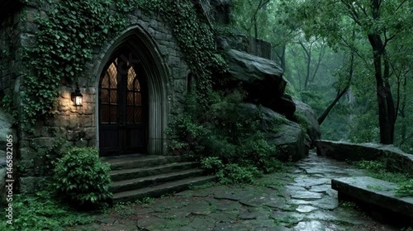 Fototapeta Stone pathway leading to an arched doorway of a gothic building overgrown with ivy in a lush fo