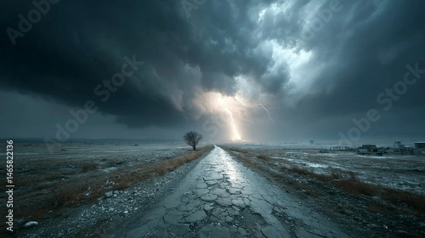 Fototapeta Stormy Sky Over a Lonely Road with Lightning and Dark Clouds