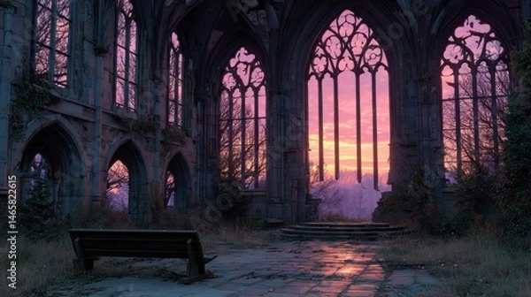 Fototapeta Sunset Through Gothic Ruins A Serene and Mystical Scene with Natures Embrace