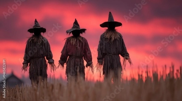 Fototapeta Three Scarecrows in a Field at Sunset with Dramatic Sky