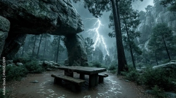 Fototapeta Thunderstorm Over a Serene Forest with Wooden Bench and Rock Formation