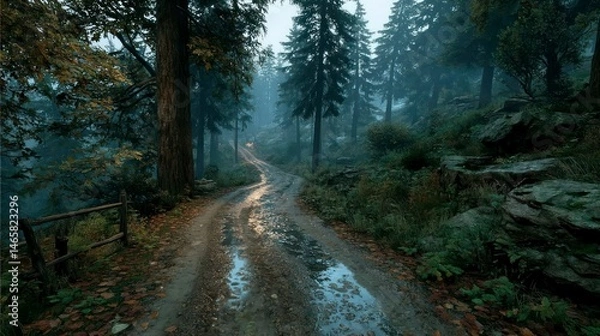 Fototapeta Winding Forest Pathway with Misty Atmosphere and Lush Vegetation