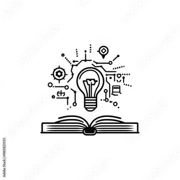 Fototapeta A light bulb and circuit branches sit atop an open book in line art