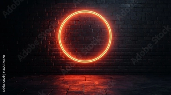 Fototapeta Double-Lined Neon Circle on Brick Wall