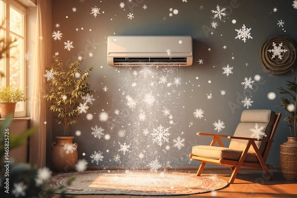 Fototapeta Air conditioner blows snowflakes into room. Home climate control concept. Cold wind flow. Front view.