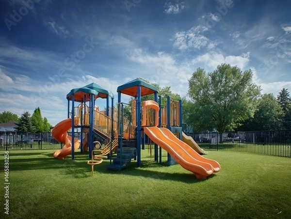 Obraz Playground with Two Structures and Orange Slides