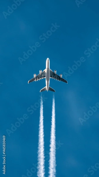 Obraz Passenger jet soaring through clear blue sky with contrails below