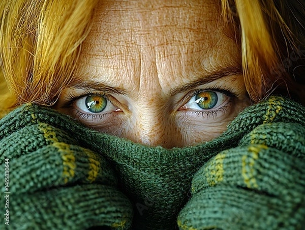 Obraz Close-up portrait, woman's intense gaze, partially hidden face, green fabric