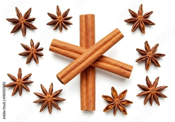 Fototapeta Arrangement of cinnamon sticks and star anise on a plain white surface shot from above view
