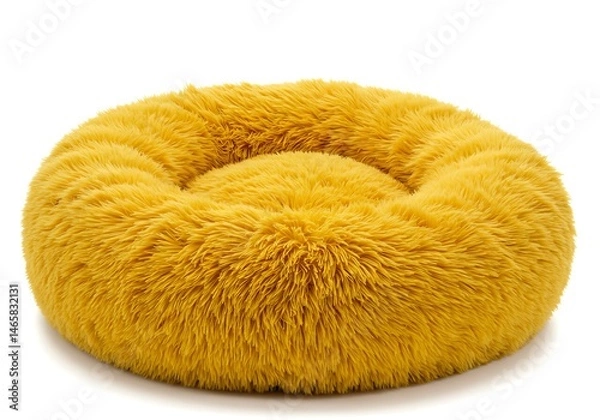Fototapeta Close up shot of a fluffy round yellow pet bed on a white background in studio lighting setup