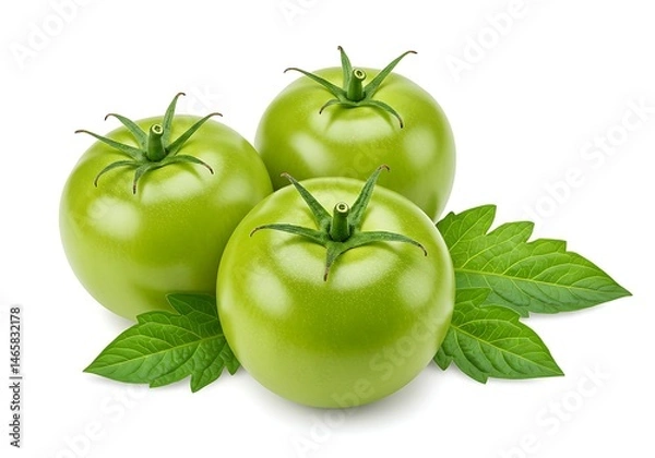 Fototapeta A close up of three unripe green tomatoes with leaves on a white background in a studio setting