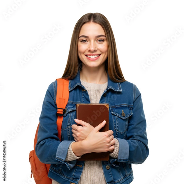 Fototapeta Smiling young student girl with a book isolated on a transparent background PNG.
