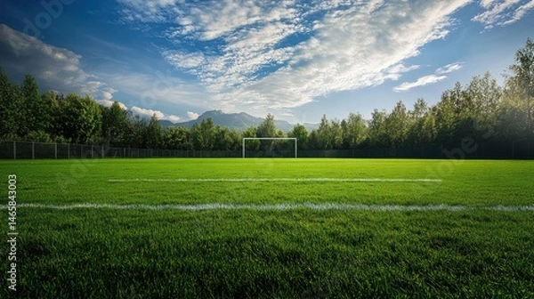 Fototapeta Expansive grass playing field with clear markings under a bright, airy sky