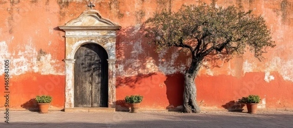Fototapeta Rustic Doorway and Textured Wall with Mediterranean Tree in Vibrant Sunlight