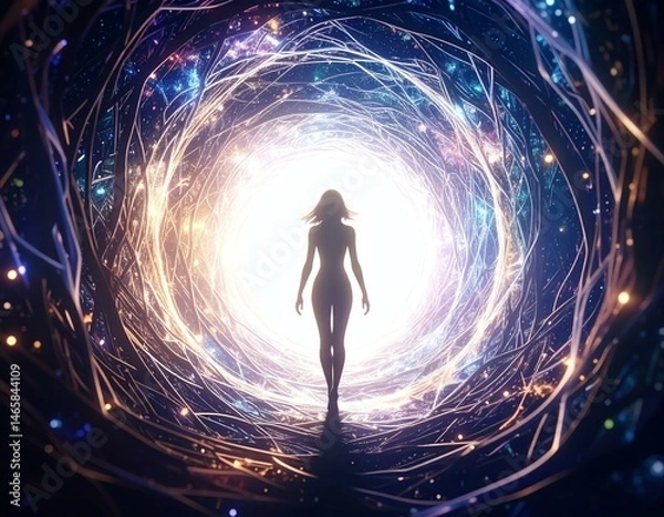 Fototapeta A silhouetted figure walking towards a glowing portal of vibrant energy.