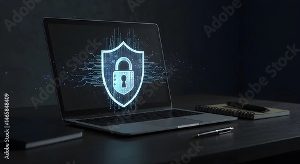 Fototapeta Futuristic cybersecurity scene with a glowing digital lock icon over a laptop screen
