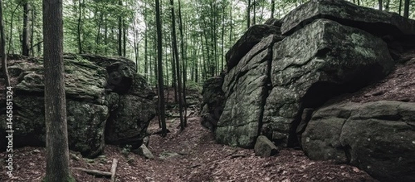 Fototapeta Ancient rock formations nestled within a peaceful and verdant forest setting
