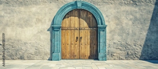 Fototapeta Mysterious wooden arched door framed with stone in ancient weathered facade