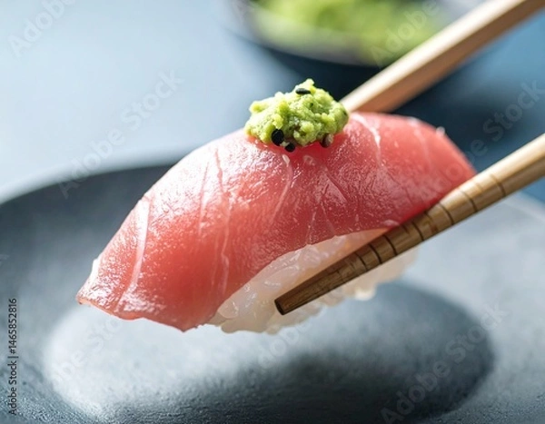 Obraz  しずる感のある日本のまぐろのにぎり寿司を箸でつかんでいるクローズアップ
