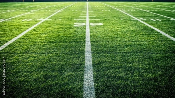 Fototapeta A pristine expanse of manicured green grass marked with precise yard lines on football field