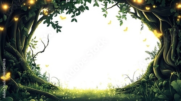 Obraz Enchanting forest glade with glowing lights and butterflies