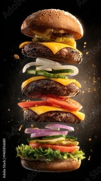 Fototapeta Floating juicy hamburger layers with fresh vegetables cheese pickles and beef patty on dark background