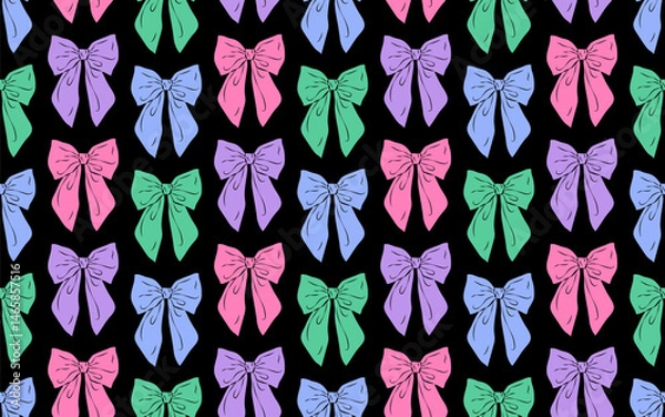 Fototapeta Colorful bows seamless pattern on black background. Trendy hair braiding accessory. Vector illustration. Perfect for wedding design, party decoration, gift wrapping paper and textile