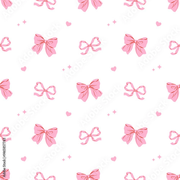 Fototapeta Cute seamless pattern with playful pink ribbon bows on white background. Hand drawn vector illustration. Perfect for wedding design, party decoration, gift wrapping paper and textile