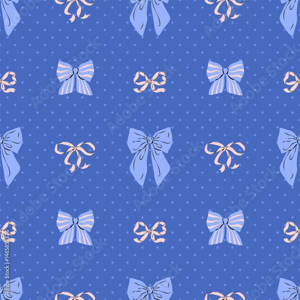 Fototapeta Cute aesthetic seamless pattern of blue and ivory ribbon bows on blue dotted background. Hand drawn vector illustration. Perfect for wedding design, party decoration, gift wrapping paper and textile