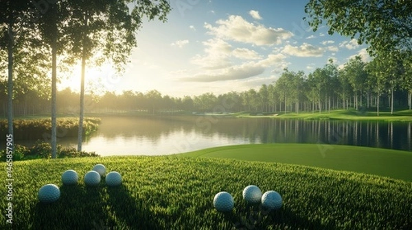 Fototapeta A set of golf balls lined up on the tee box before a game, with a serene golf course and distant trees forming a tranquil backdrop.