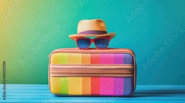 Fototapeta The concept of traveling combines artistic iconic elements and conveys a colorful holiday travel theme with the imagination of travel destinations.