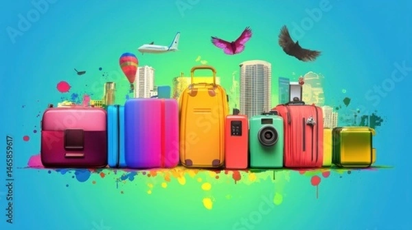 Fototapeta The concept of traveling combines artistic iconic elements and conveys a colorful holiday travel theme with the imagination of travel destinations.