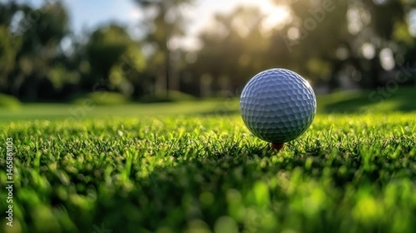 Fototapeta A close-up of a golf ball on a tee, ready for a swing on a lush green golf course, with soft sunlight highlighting its dimples and the surrounding grass.