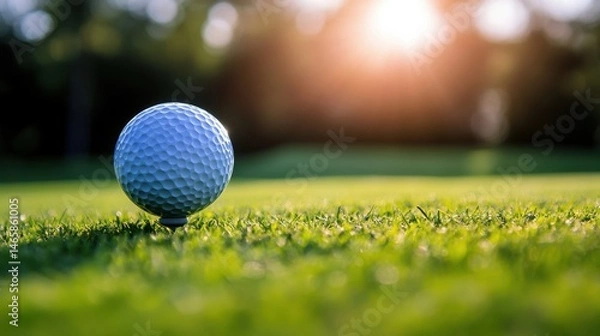 Fototapeta A close-up of a golf ball on a tee, ready for a swing on a lush green golf course, with soft sunlight highlighting its dimples and the surrounding grass.