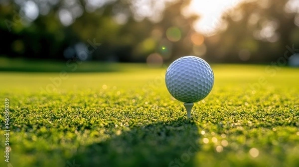 Fototapeta A close-up of a golf ball on a tee, ready for a swing on a lush green golf course, with soft sunlight highlighting its dimples and the surrounding grass.