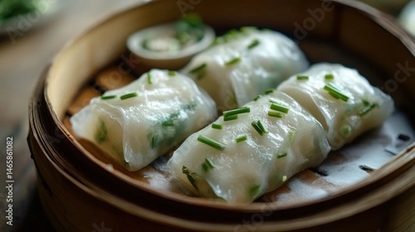 Fototapeta A close-up of freshly made bamboo steamer, showing the delicate translucent skin with green chives visible inside, placed on a rustic wooden