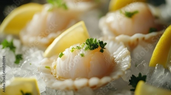 Fototapeta A close-up of fresh raw scallops on a bed of crushed ice, garnished with lemon wedges and parsley, with soft lighting emphasizing their natural texture and freshness.