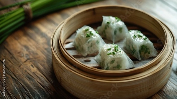 Fototapeta A close-up of freshly made bamboo steamer, showing the delicate translucent skin with green chives visible inside, placed on a rustic wooden