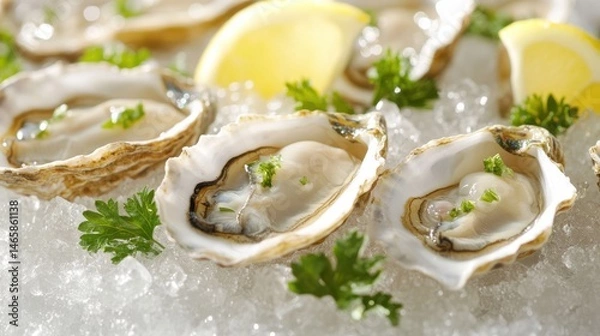 Fototapeta A close-up of freshly shucked large oysters on a bed of crushed ice, garnished with lemon wedges and parsley, with water droplets glistening under soft lighting.