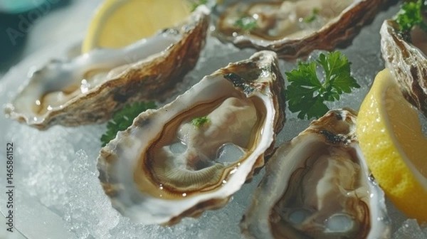 Fototapeta A close-up of freshly shucked large oysters on a bed of crushed ice, garnished with lemon wedges and parsley, with water droplets glistening under soft lighting.