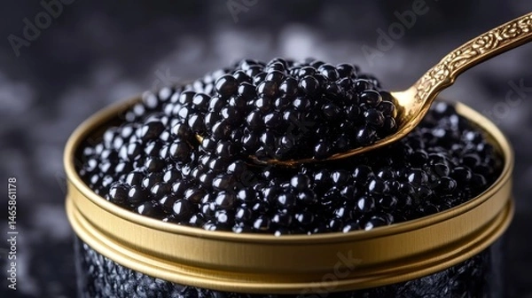 Fototapeta A close-up of luxurious black caviar in a gold tin, with a mother-of-pearl spoon scooping the glossy pearls, set against a dark, elegant background.