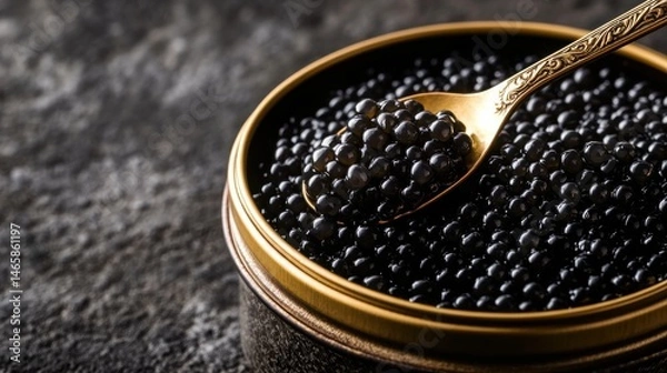 Fototapeta A close-up of luxurious black caviar in a gold tin, with a mother-of-pearl spoon scooping the glossy pearls, set against a dark, elegant background.